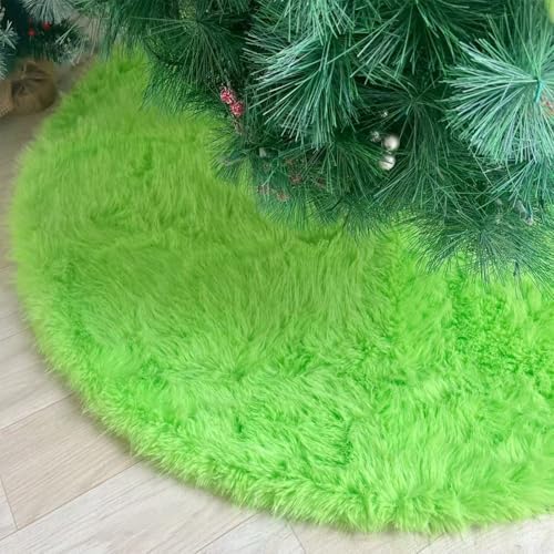 24 Inch Christmas Tree Skirt - Fluffy Faux Fur Fluorescent Green Tree Skirt, Black Plush Xmas Holiday Decor for Parties, Small Round Tree Skirt - Image 2