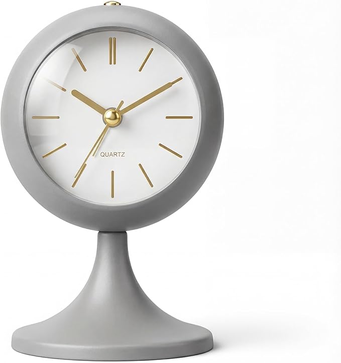 Analog Alarm Clock, Mid-Century Modern Desk Clock, Silent Non-Ticking Quartz Table Clock with Gold Hands, Battery Operated Decorative Clock for Bedroom, Office, Living Room (Grey)