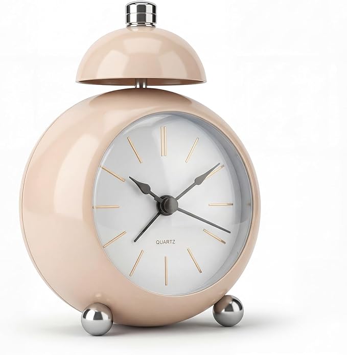 Analog Alarm Clock, Mid-Century Modern Desk Clock, Silent Non-Ticking Quartz Table Clock with Black Hands, Battery Operated Decorative Clock for Bedroom, Office, Living Room (Light Champagne)