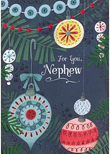 Designer Greetings Blue and Pink Ornaments Hanging from Long Hooks Christmas Card for Nephew by DesignerGreetings