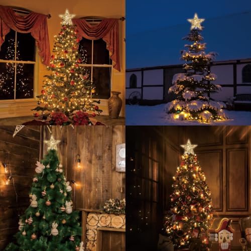 LAMPHOME 9" 10L Christmas Tree Topper,Gold Glitter Star Tree Topper, Golden Chrome Lighted Christmas Star Treetop 10 Warm White Lights, Festive Xmas Tree Top Decoration for Indoor Holiday Home Decor - Image 5