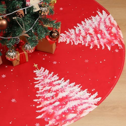 Multiwins Christmas Tree Skirt 48 Inch, Red Christmas Tree Skirt with Christmas Tree Design, Thick Flannel Fabric, Rustic Farmhouse Xmas Tree Skirt for Holiday Decorations, Indoor Christmas Party by multiwins