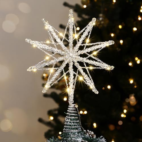Luxspire Christmas Tree Topper, Lighted Star Tree Topper with USB Remote Control, 10" Clear Metal Christmas Decorations Lights, Light Up Xmas Tree Star Vintage Modern Ornaments for Home Party, Silver by Luxspire
