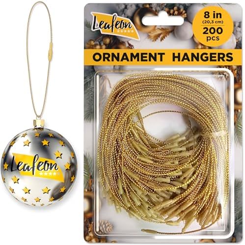 Leafeon 200 pcs Christmas Ornament Hooks - Gold Christmas Ornament Hangers with Snap - Precut Ornament String with Snap for Christmas Tree Decoration by Leafeon