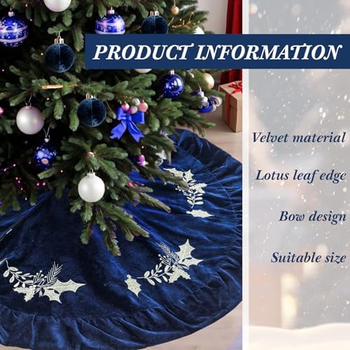 48 Inches Velvet Christmas Tree Skirt Blue with Gold Embroidered Holly Fur Plush Tree Skirt Luxury Xmas Skirts for Merry Christmas Party Vintage Holiday Decorations - Image 3
