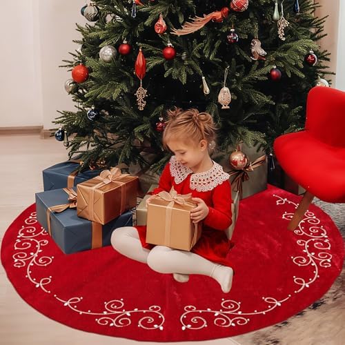 72inch Extra Large Christmas Tree Skirt Red Luxury Velvet Plush Fur Skirts Baroque Tree Skirts with Gold Embroidered Pearls and Crystals Trees Skirt for Christmas Holiday Party Home Decorations - Image 4
