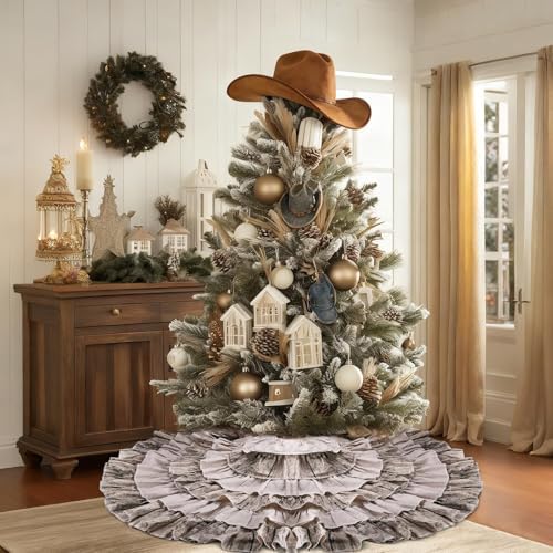 yuboo 48 Inch Western Farmhouse Tree Skirt, 6-Layer Ruffled Wood Grain & Burlap Design, Rustic Country Cowboy Holiday Decoration for 6-7.5 Ft Trees - Image 2