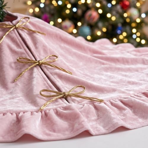 Velvet Christmas Tree Skirt, 60 Inches, Bow Style, Pink - Image 3