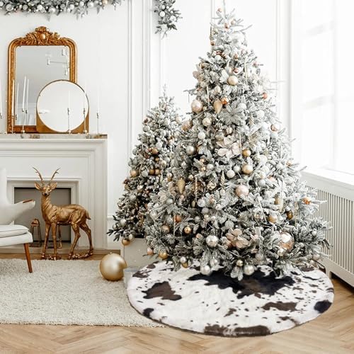 Christmas Tree Skirt 30 inch Cows Print Tree Skirts White and Black Faux Fur for Holiday Party Decoration - Image 2