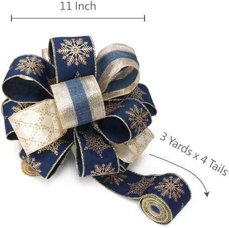 11" sq. Christmas Tree Topper Bow with 4 Tails (3 Yards Long Each) Royal Navy Blue and Gold Snowflake for X'Mas D'ecor Wreath Luxury Gift - Image 2