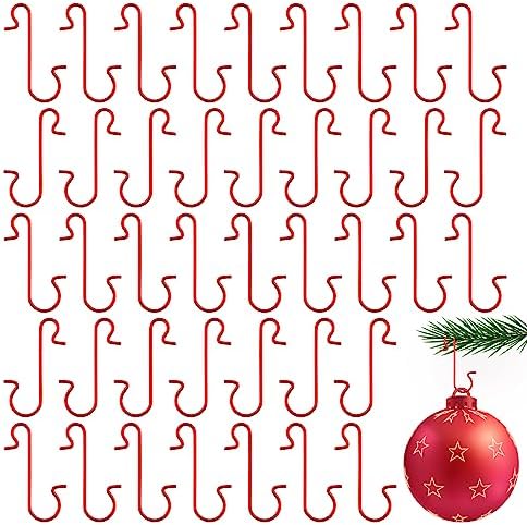 100 Pack Ornament Hooks, Christmas Ornament Hooks for Christmas Ornaments Metal Wire Hooks Ornament Hangers with Storage Box for Xmas Tree Outdoor Decorations, Red by Zanzike