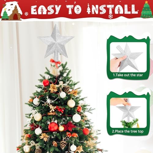 Glitter Christmas Star Tree Topper for Holiday Decorations, Christmas Tree Decoration for Holiday Ornament and Home Decor, Shatterproof Tree Toppers for Party Indoor ??? Outdoor-Silver 10 inch - Image 4