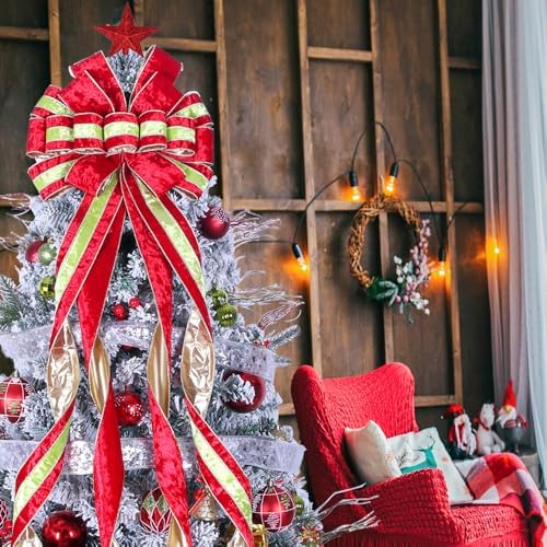 Christmas Tree Topper Wreath Bow Large Green Christmas Bow Tree Topper 52"x13" Red and Green Ice Flower Velvet Gift Bows for Xmas Holiday Home Wedding Thanksgiving Indoor/Outdoor Decoration - Image 5