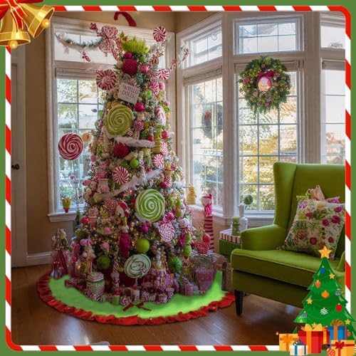 Hollowfly Red and Green Christmas Tree Skirt Furry Plush Lime Green Christmas Tree Skirts Whimsical Xmas Decorations Holiday Glittering Dot Mat Faux Round Carpet for Home Xmas Party Decor(60 Inch) - Image 5