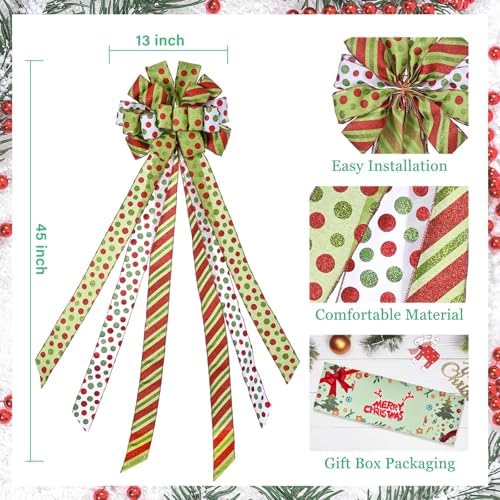 Christmas Tree Topper Wreath Bow Large Green Christmas Bow Tree Topper, Red Green Dot Polyester Gift Bows for Xmas Ornament Holiday Home Thanksgiving Indoor/Outdoor Decoration 45"x13" - Image 2