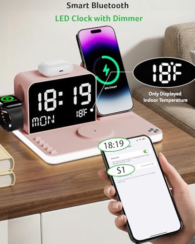 Acer 7-in-1 Wireless Charging Station with LED Clock - 30W Fast Wireless Charger for iPhone 16/15/14/13/12/Pro Max, Apple Watch, AirPods - Bluetooth Auto Time Sync & Night Lights (Pink) - Image 6