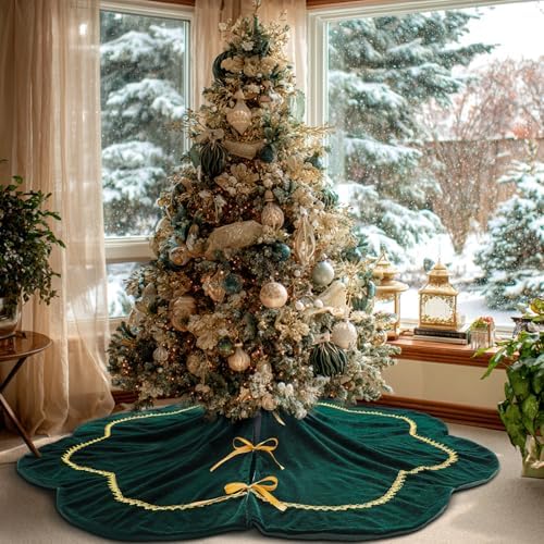 Arrowbash Christmas Tree Skirt 60 Inch Green Velvet Fur Scallop Tree Skirt Sparking Gold Lace Trim for Party Rustic Xmas Holiday Decorations All Year by Arrowbash