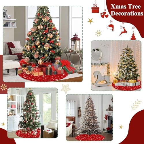 FUHSY Red Tree Skirts Christmas Sequined Tree Decorations 36 Inches Diameter Velvet Fabric Glitter Embroidered and Sequined Tree Cover Skirts Soft Shimmer Tree Mat for All Occasions - Image 6