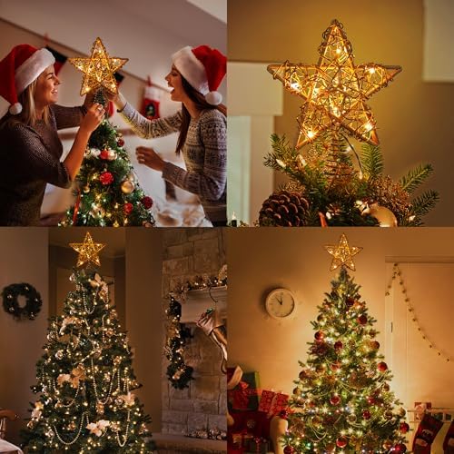 ODEETRONIC 10" Rustic Christmas Star Tree Topper, Rattan Natural Hollow - Image 5