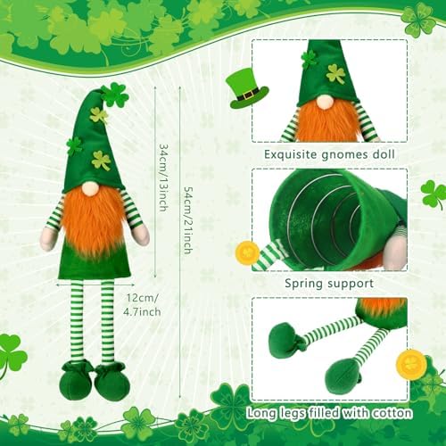 Soulchen 21 Inch Extra Large St. Patricks Day Tree Topper Leprechaun Gnome Tree Topper with Long Dangling Legs Oversized Irish Green Shamrock Sitting Treetop Decoration for Holiday Party Decor - Image 2