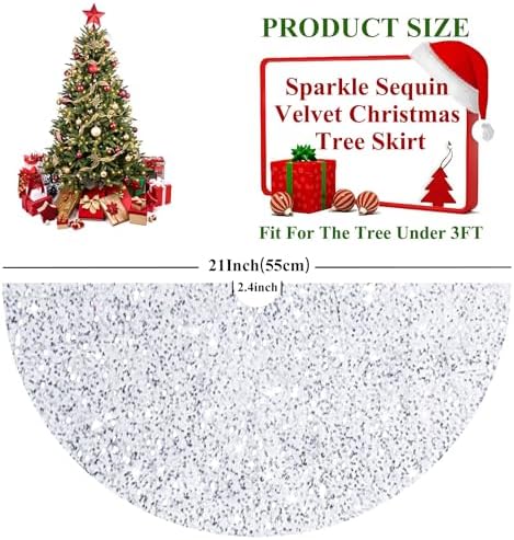 Velvet Christmas Tree Skirt White and Silver Sequin Tree Skirt 21 Inch Round Tree Mat Luxury Embroidered Sequined and Velvety Xmas Tree Skirts Sparkly Skirt for Small Tree Christmas Holiday Decor - Image 2