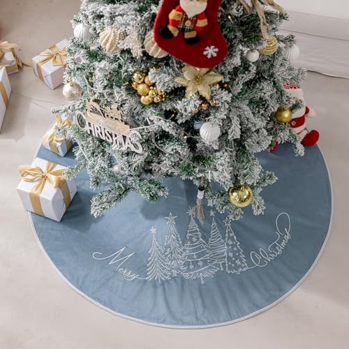 CROWNED BEAUTY 48 Inch Blue Velvet Christmas Tree Skirt, Tree Embroidery - Image 6