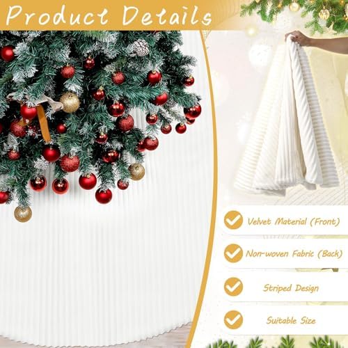 84 Inch Large Faux Fur White Christmas Tree Skirt for 8.5ft to 15ft Tree with Stripe Textured Pattern Soft Beige Boho Luxury Xmas Trees Decorations for Party Home Decor - Image 3