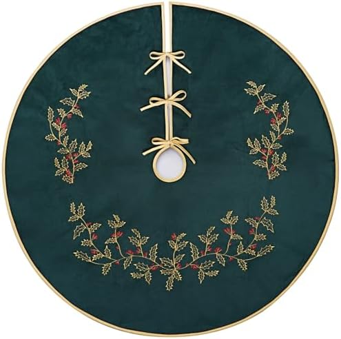 Green Christmas Tree Skirt Velvet 48 inch，Large Embroidered Vintage Dark Green Tree Skirt, Elegant Fur Plush Xmas Tree Skirts for Merry Christmas Party Xmas Tree Decorations - Image 3
