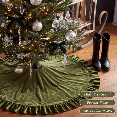 Velvet Christmas Tree Skirt, 36 Inches, Bow Style, Olive Green - Image 2