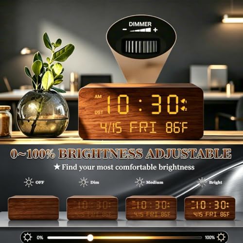 Premium Brown Wooden Digital Alarm Clock with Wireless Phone Charger, Dual USB Charging Ports, Dimmable LED Display, Date and Day of Week, Small Digital Desk Clock for Bedroom Nightstand Bedside Table - Image 5