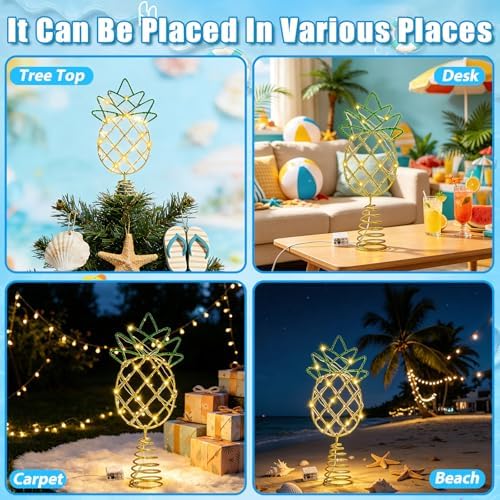 12" Gold Shiny Pineapple Summer Tree Topper with LED Lights - Image 7