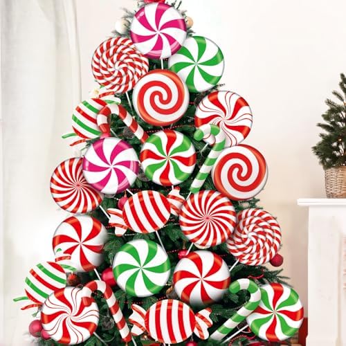 24 Pcs Large Christmas Decorations Indoor: Swirl Lollipop Christmas Tree Picks Red Green Candy Cane Design Decorations for Xmas Tree Topper Home Office Party Vase Decor by Tianxunewtig