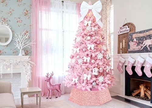 Pink Gold Tree Collar 31.49 Inch Sequin Foldable Christmas Tree Ring Velvet Tree Skirt Cover for 9ft Pencil Tree Holiday Xmas Decor - Image 2