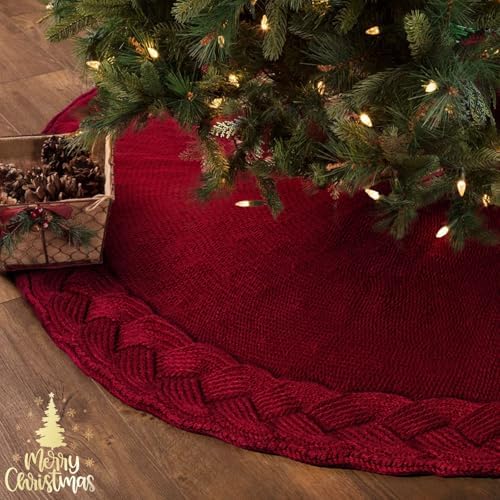 NIBESSER Knit Tree Skirt Red 48" Christmas Tree Skirt Red Knitted Tree Skirt Mat for Christmas Decorations Yarn Thick Rustic Cable Knit Tree Mat for Home Party Holiday Ornaments - Image 5