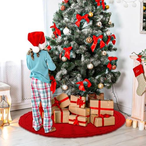 YUJUN 48 Inches Christmas Knitted Tree Skirt Decorations Xmas Large Red Chunky Cable Farmhouse Thick Rustic Tree Skirt for Merry Christmas Tree Holiday Home Party Decoration - Image 5