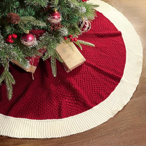48 Inch Christmas Tree Skirt: Red Tree Skirt with White Edge, Knit Tree Skirt for 7.5FT Tree, Vintage Tree Skirts, Rustic Farmhouse Christmas Decorations by LimBridge