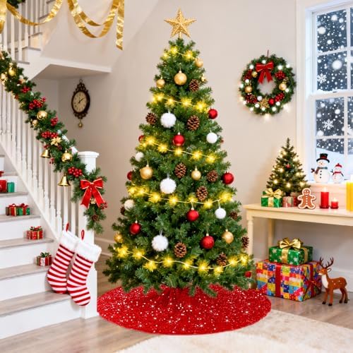 FUHSY Red Tree Skirts Christmas Sequined Tree Decorations 36 Inches Diameter Velvet Fabric Glitter Embroidered and Sequined Tree Cover Skirts Soft Shimmer Tree Mat for All Occasions - Image 5