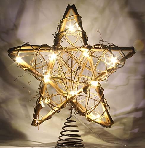 Christmas Tree Topper Farmhouse Christmas Decor Christmas Tree Decorations Rattan Natural Christmas Tree Star with 10 Warm LED Lights for Rustic Christmas Ornaments Holiday Seasonal Decoration 10 Inch - Image 2