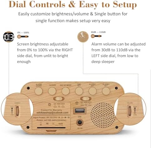 Odokee Digital Dual Alarm Clock for Bedroom with 0-100% Dimmable Display | Easy Alarm Clock with Weekday/Weekend Mode - Loud Alarm for Heavy Sleepers with 5 Sounds Adjustable Volume - Wood Grain - Image 2