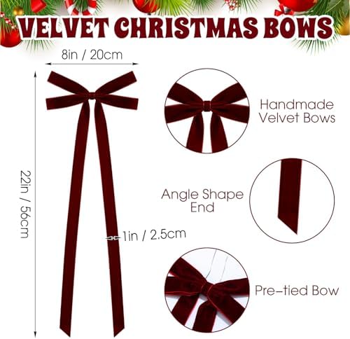 10 Pcs Burgundy Velvet Bows 22"x8" Pre-Tied Christmas Ornaments - Image 3