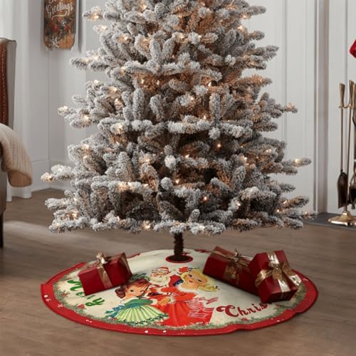 Vintage Christmas Tree Skirt Christmas Decorations - Red Vintage Style Xmas Tree Skirt Mat with Santa Claus Girls Snowflake Pattern for Indoor Outdoor Merry Christmas Holiday Party Decor 48 Inches - Image 5