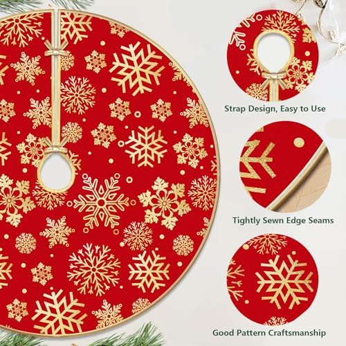 DeckTheHalls 48 Inch Christmas Tree Skirt, Snowflake Round Red Tree Skirt - Image 3