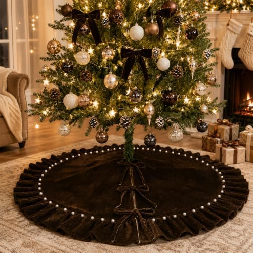 Dark Brown Velvet Christmas Tree Skirt, 36 Inch Christmas Tree Skirt with Ruffled Edge and Pearl Trim - Image 2