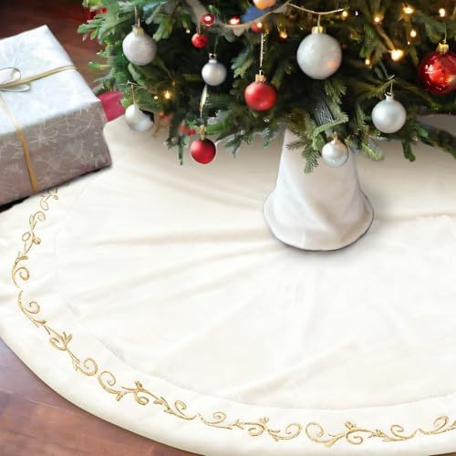 HyDren 84inch Velvet Christmas White Tree Skirt (Classical Style) by HyDren