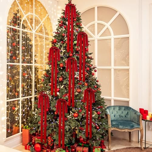 Janinka 12 Pcs Long Red Christmas Velvet Bow Ornament Vintage Tree Decor - Image 4