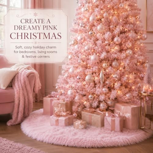 AOGU 72 Inch Faux Fur Christmas Tree Skirt Pink Plush Skirt for Merry Christmas Party Christmas Tree Decoration - Image 3