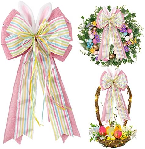 Easter Bows for Wreaths Decorations,Easter Tree Topper Bow,Decorative Bow with Bunny Ears Pink Burlap for Spring Home Front Door Outdoor by brand