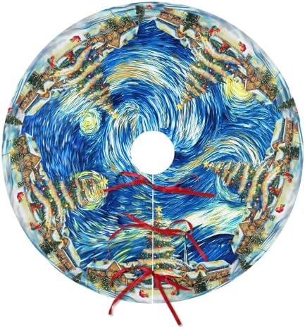 30 Inch Van Gogh Starry Night Christmas Tree Skirt Winter Blue Sky Moon Art Xmas Trees Skirts Mat for New Year Festive Farmhouse Holiday Party Decoration by Wnoesat
