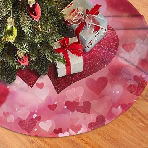 Christmas Tree Skirt, Happy Valentine's Day Love Red Pink Glitter Love Floral Red Hearts Xmas Large Tree Mat, New Year Festive Holiday Party Decorations 48" inches - Image 3