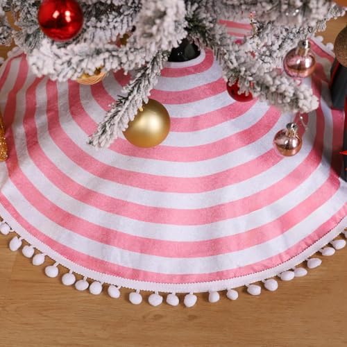 48 Inch Pink and White Christmas Tree Skirt with Pom Poms - Image 4